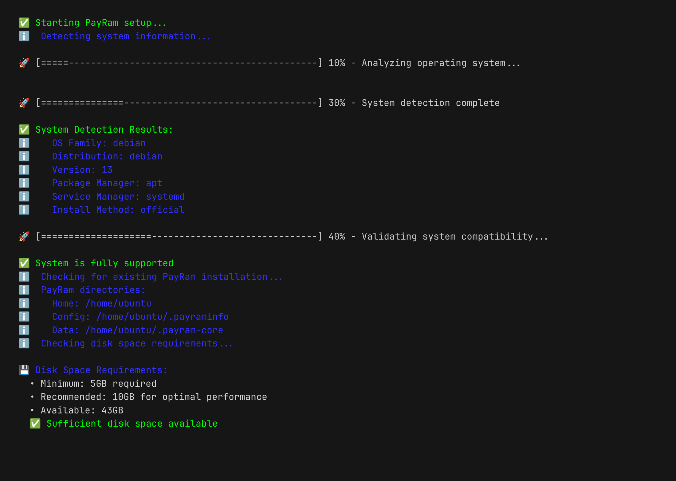 System detection, disk space check and dependency installation