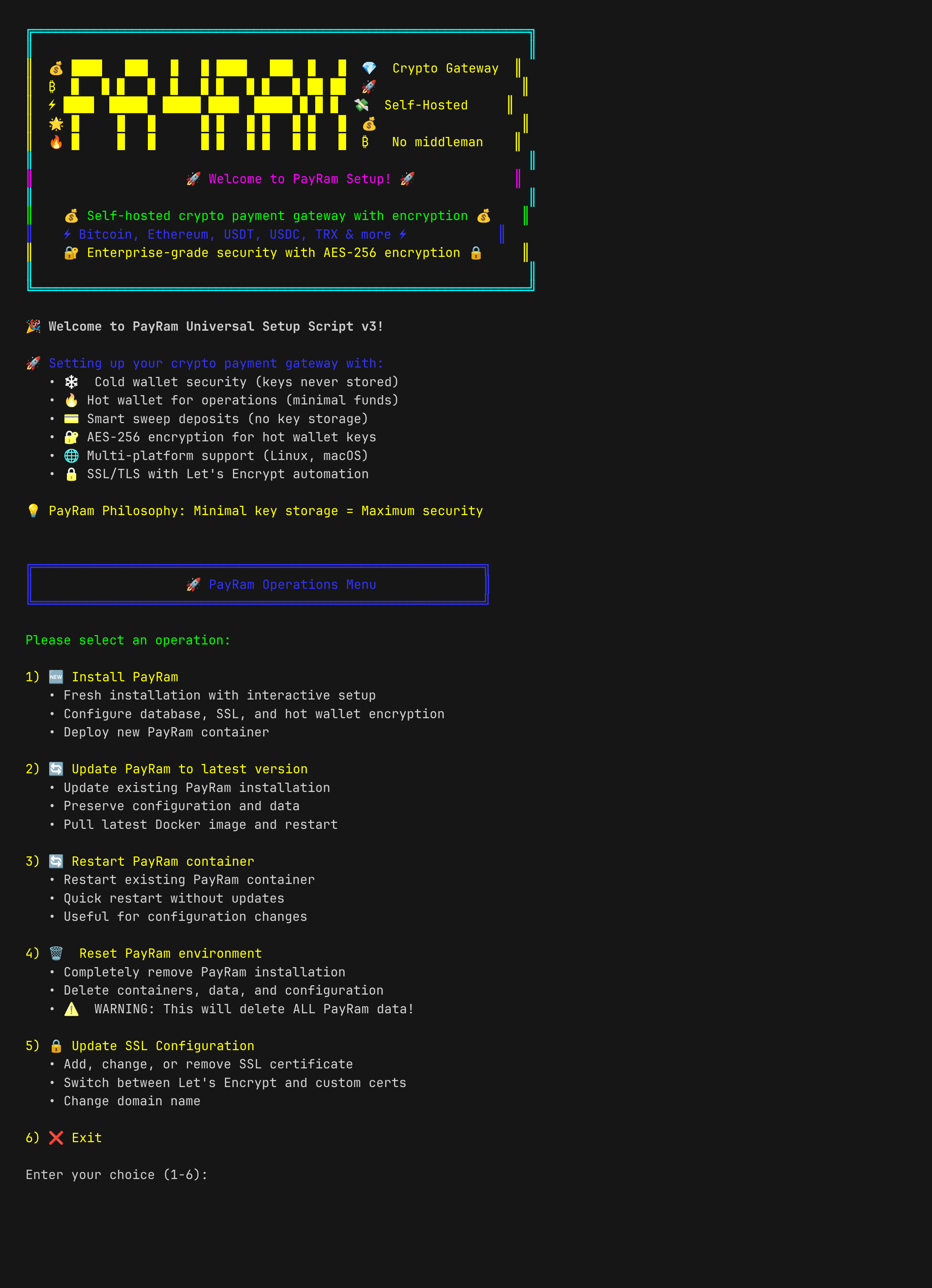 The PayRam operations menu shown when the command is run with no options