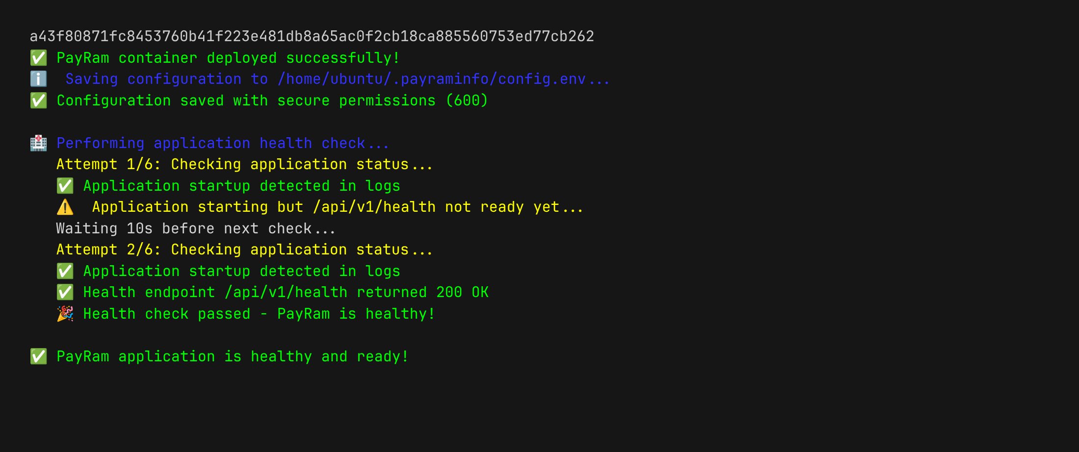 Health check confirming PayRam is running