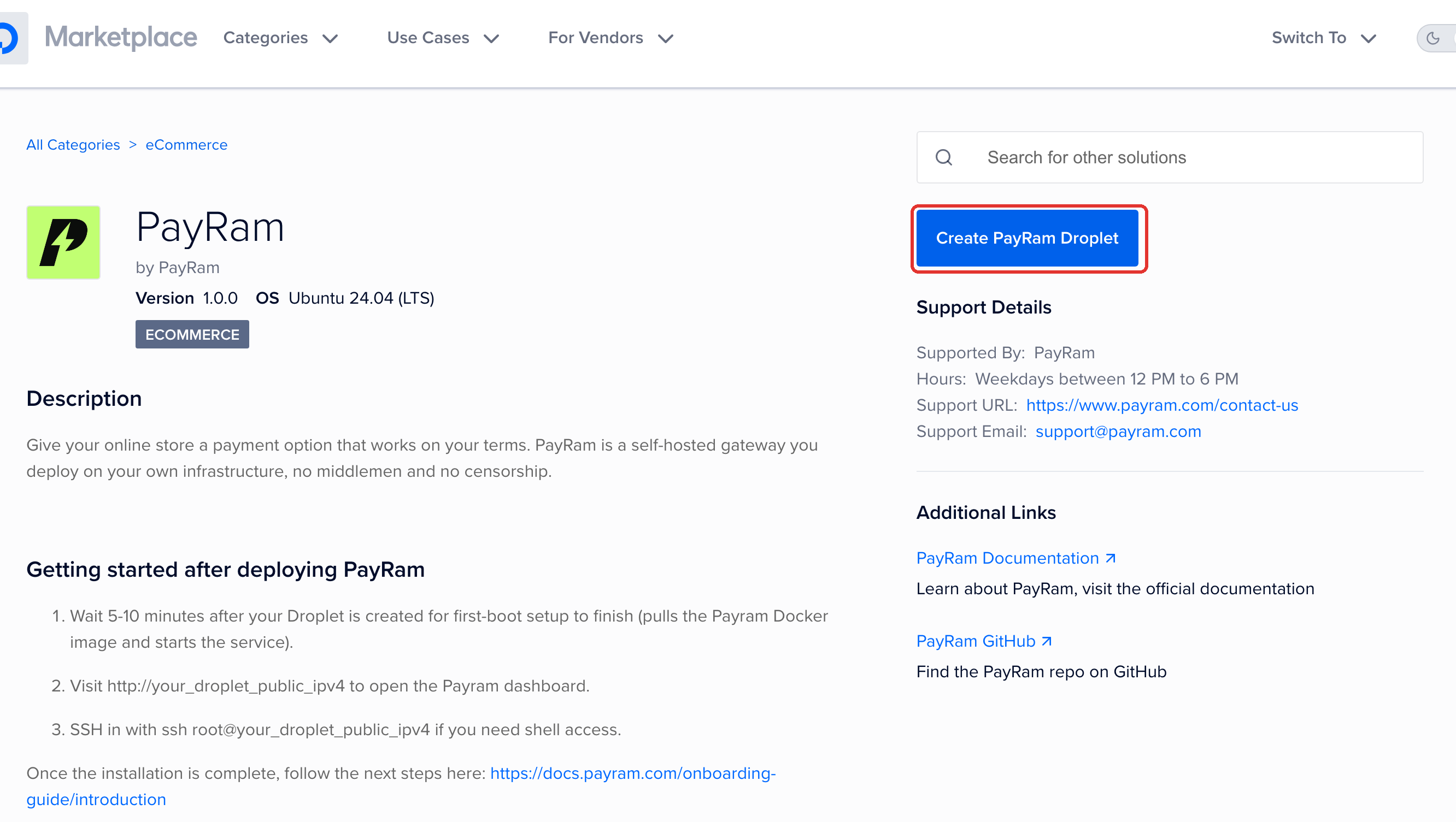 The PayRam listing on the DigitalOcean Marketplace