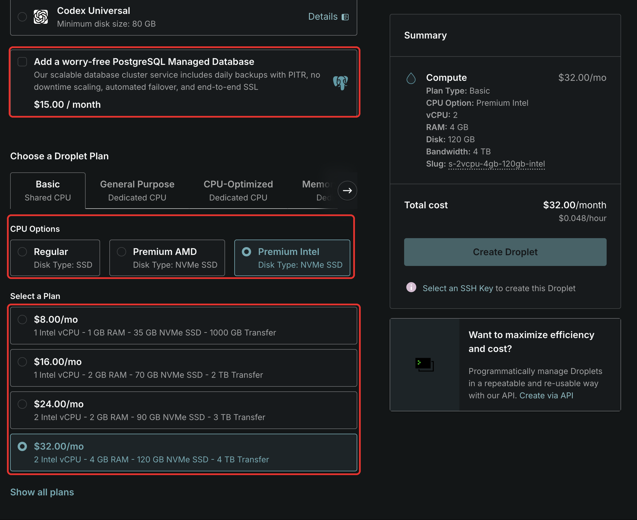 The managed database option, CPU options and droplet plans