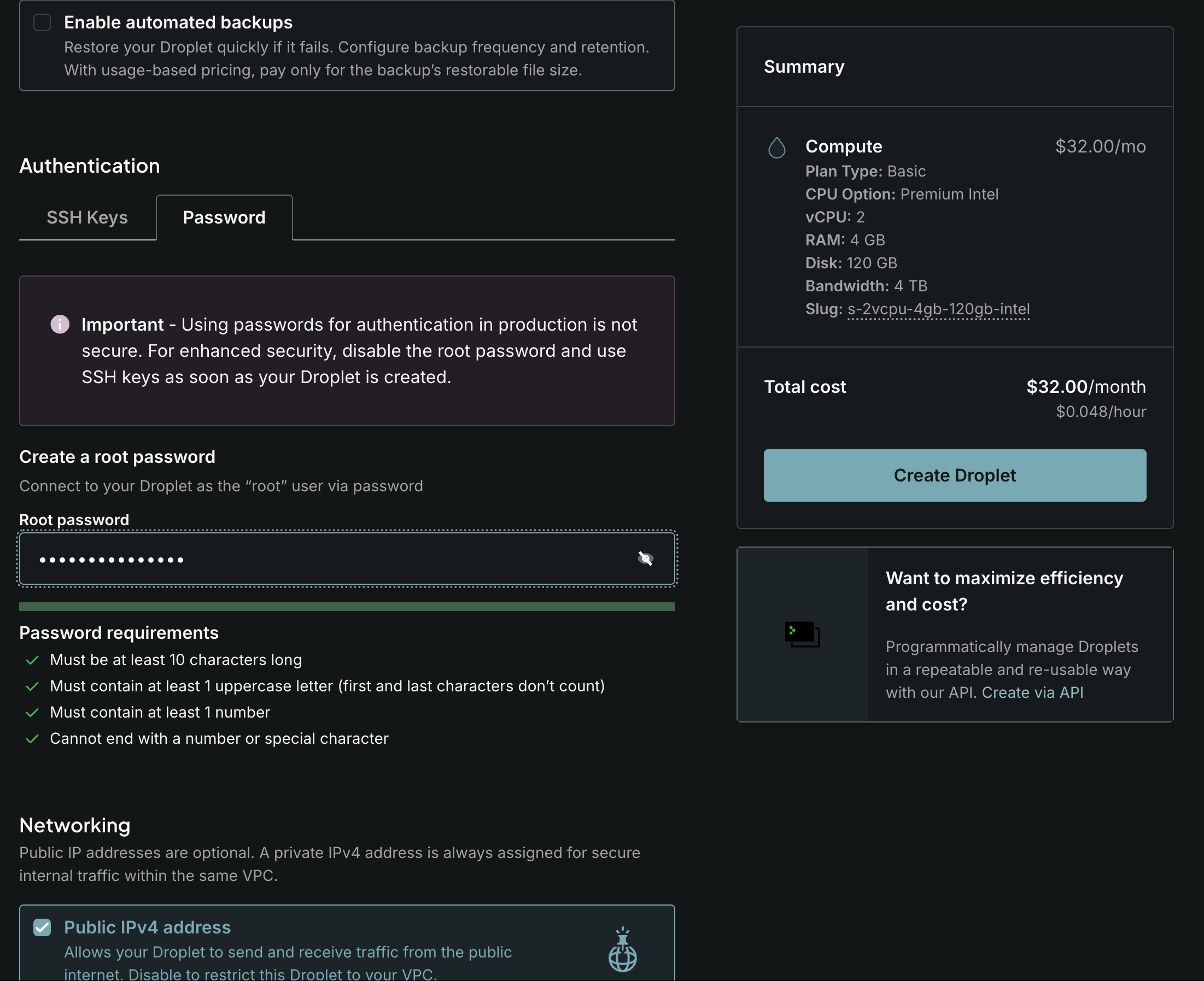 Choosing between SSH key and password authentication