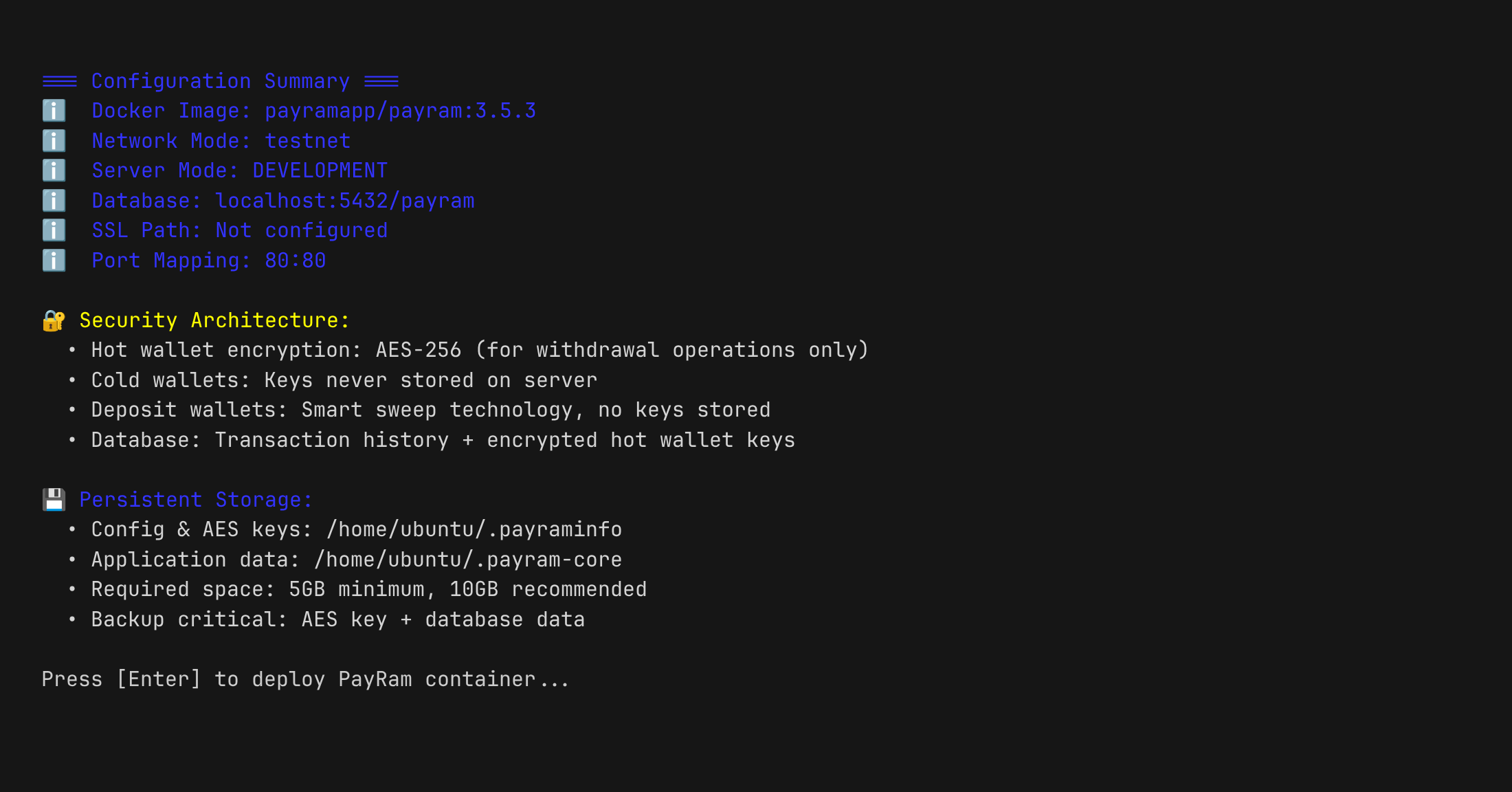 Configuration summary before deployment